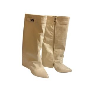 Fashion Nova Cream Croc-Embossed Knee Boots